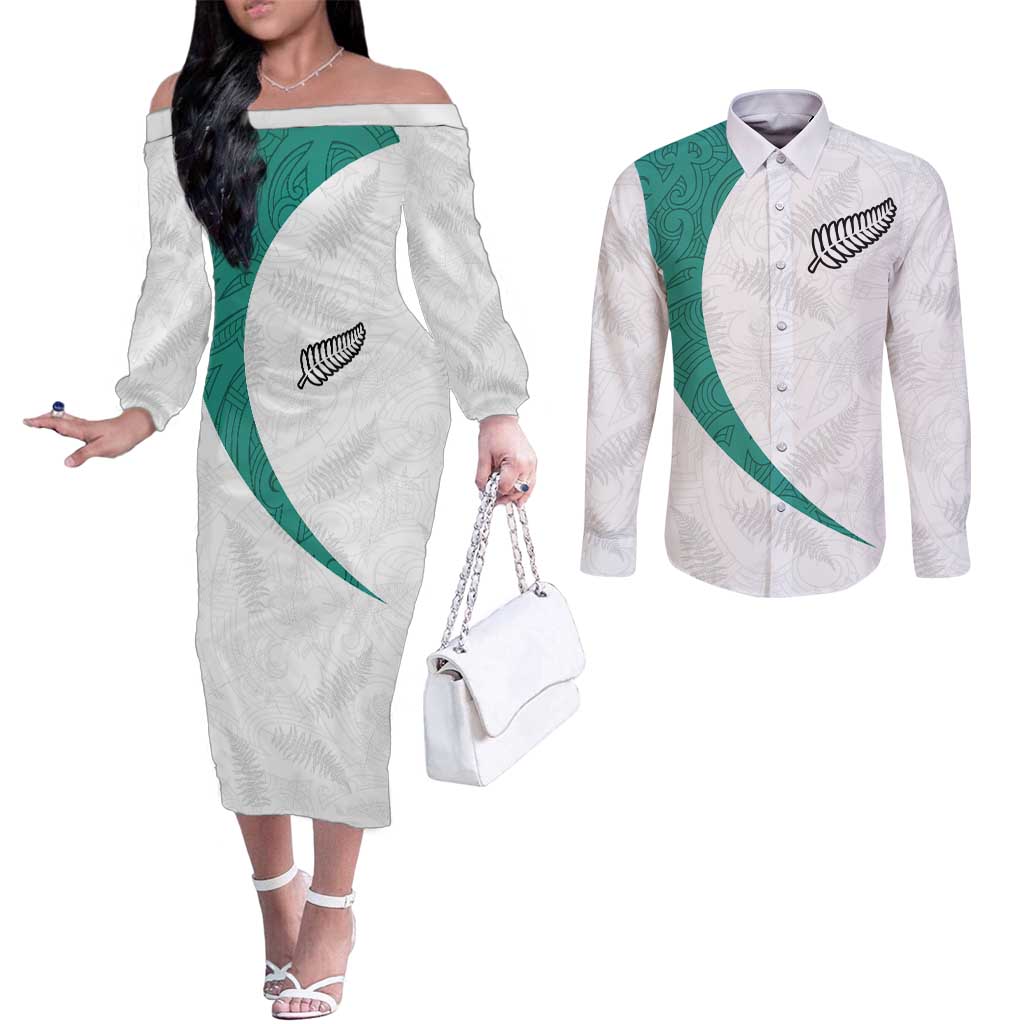 Custom New Zealand Football Couples Matching Off The Shoulder Long Sleeve Dress and Long Sleeve Button Shirt Go All Silver Ferns - Towards World Cup 2026
