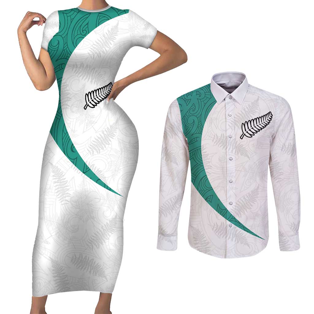 Custom New Zealand Football Couples Matching Short Sleeve Bodycon Dress and Long Sleeve Button Shirt Go All Silver Ferns - Towards World Cup 2026