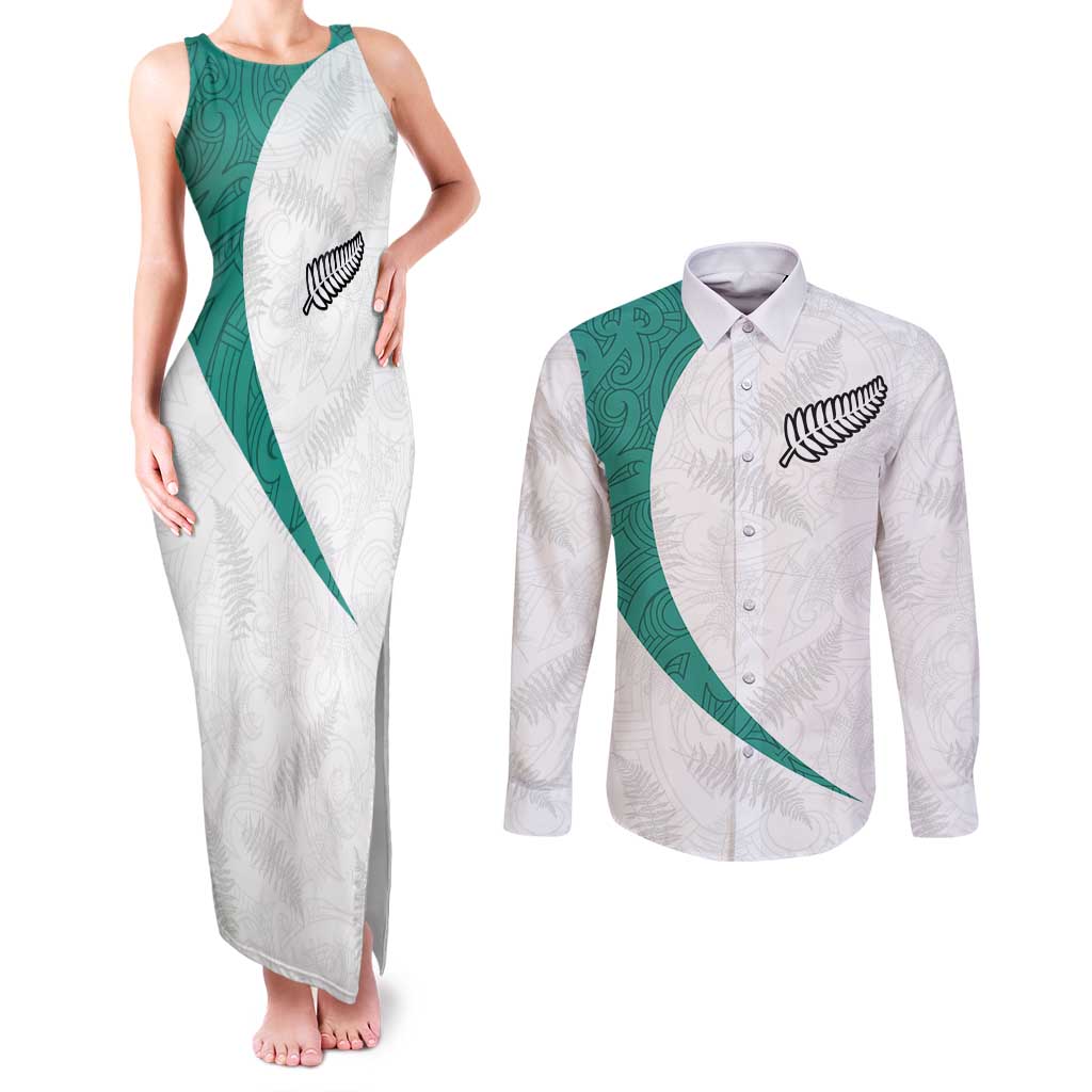 Custom New Zealand Football Couples Matching Tank Maxi Dress and Long Sleeve Button Shirt Go All Silver Ferns - Towards World Cup 2026