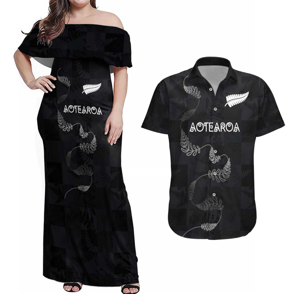 Custom New Zealand Rugby Couples Matching Off Shoulder Maxi Dress and Hawaiian Shirt All Silver Ferns Blacks