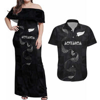Custom New Zealand Rugby Couples Matching Off Shoulder Maxi Dress and Hawaiian Shirt All Silver Ferns Blacks