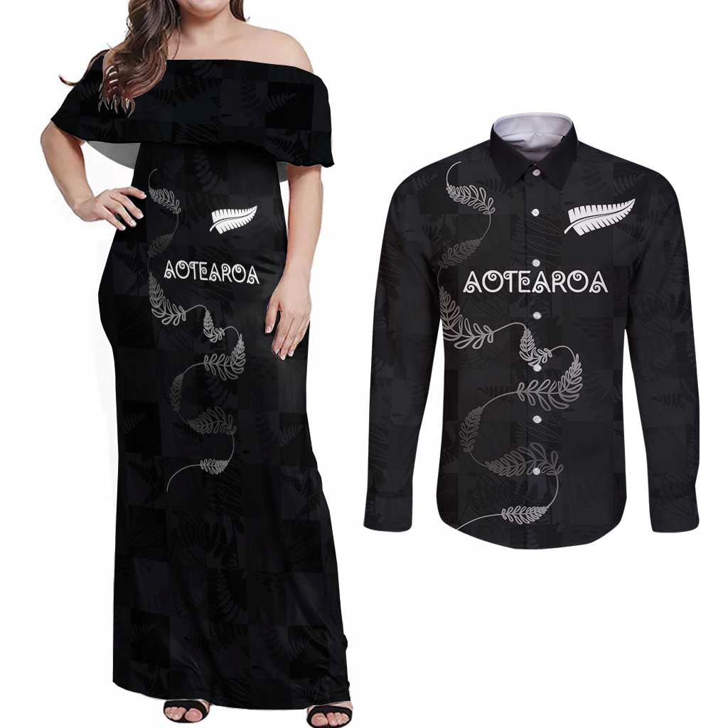 Custom New Zealand Rugby Couples Matching Off Shoulder Maxi Dress and Long Sleeve Button Shirt All Silver Ferns Blacks