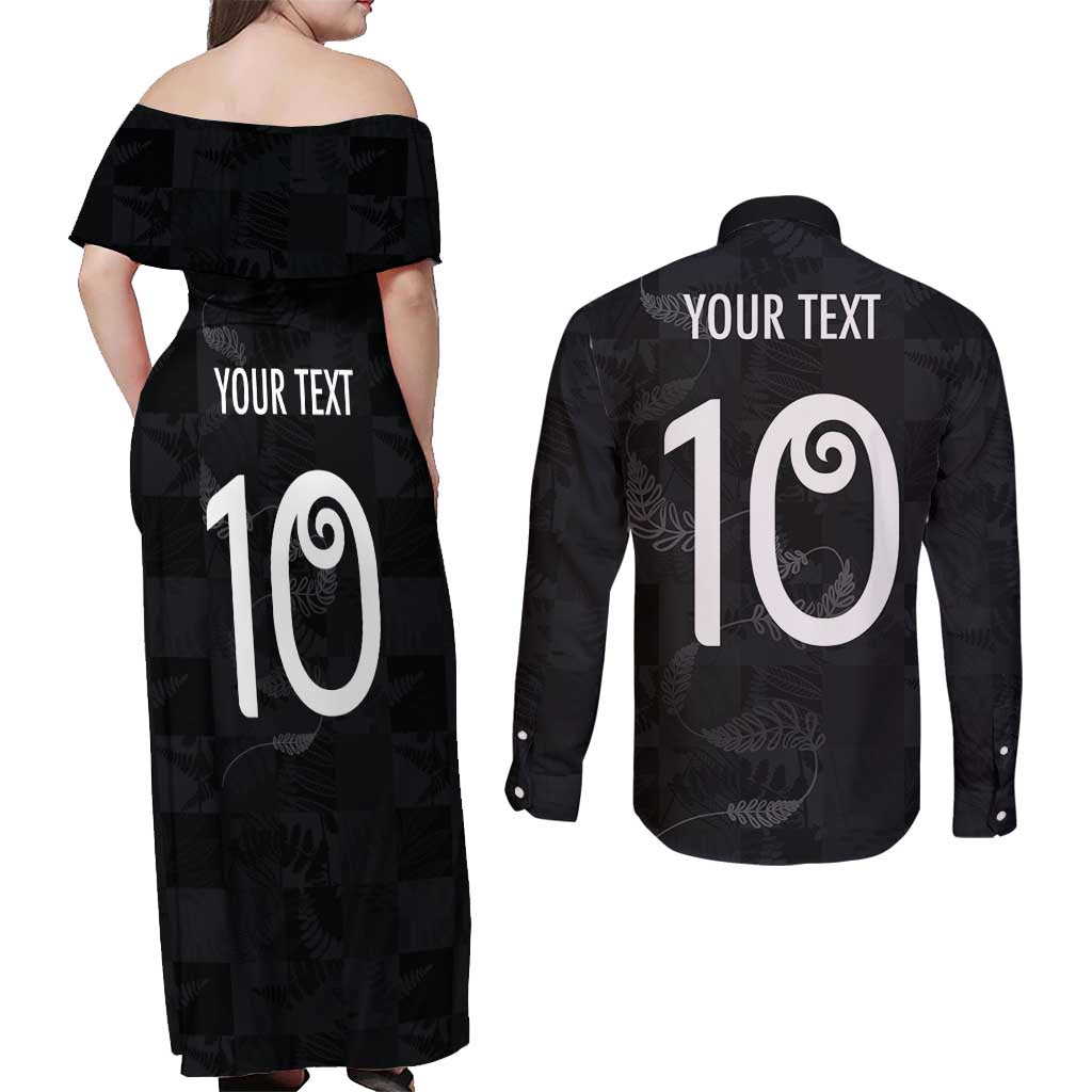 Custom New Zealand Rugby Couples Matching Off Shoulder Maxi Dress and Long Sleeve Button Shirt All Silver Ferns Blacks