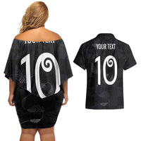 Custom New Zealand Rugby Couples Matching Off Shoulder Short Dress and Hawaiian Shirt All Silver Ferns Blacks