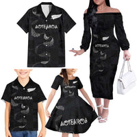 Custom New Zealand Rugby Family Matching Off The Shoulder Long Sleeve Dress and Hawaiian Shirt All Silver Ferns Blacks
