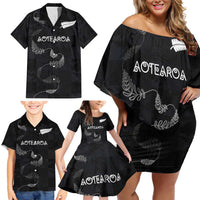 Custom New Zealand Rugby Family Matching Off Shoulder Short Dress and Hawaiian Shirt All Silver Ferns Blacks
