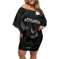 Custom New Zealand Rugby Family Matching Off Shoulder Short Dress and Hawaiian Shirt All Silver Ferns Blacks