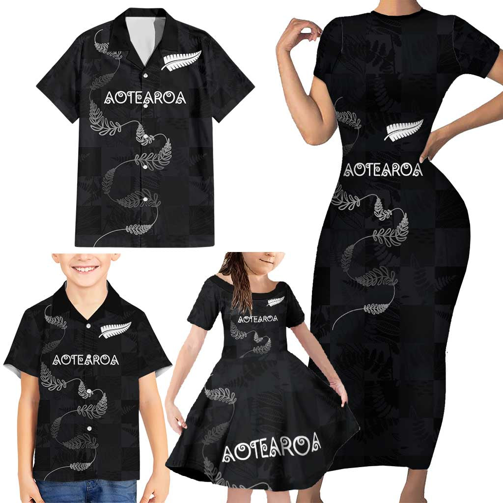 Custom New Zealand Rugby Family Matching Short Sleeve Bodycon Dress and Hawaiian Shirt All Silver Ferns Blacks