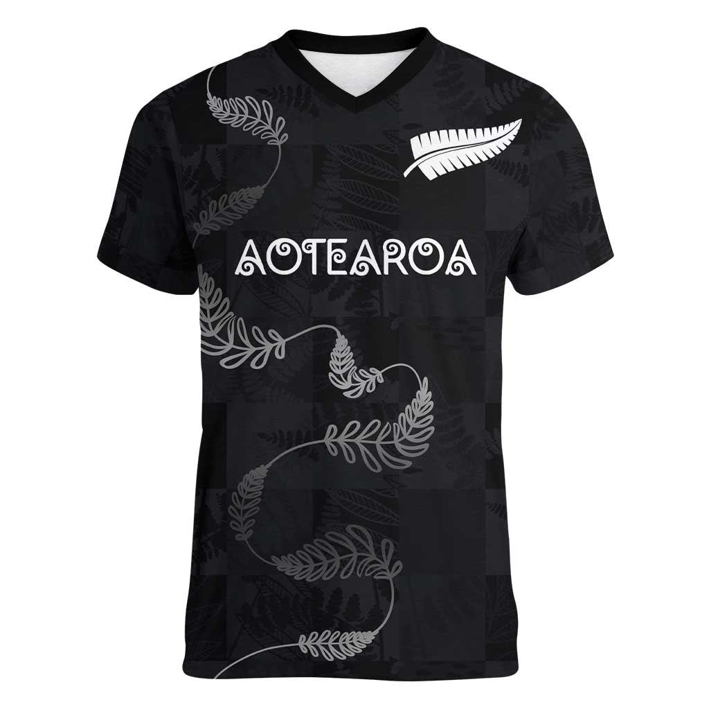 Custom New Zealand Rugby Women V-Neck T-Shirt All Silver Ferns Blacks
