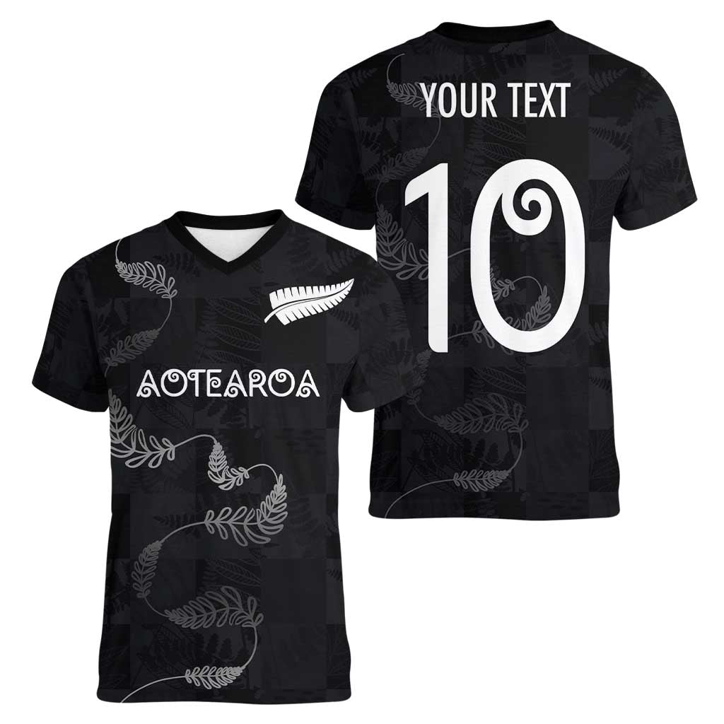 Custom New Zealand Rugby Women V-Neck T-Shirt All Silver Ferns Blacks