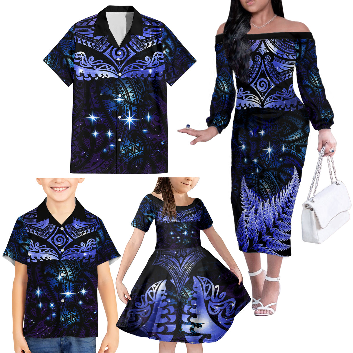 New Zealand Matariki Family Matching Off The Shoulder Long Sleeve Dress and Hawaiian Shirt Maori Pattern and Matariki Sky Night