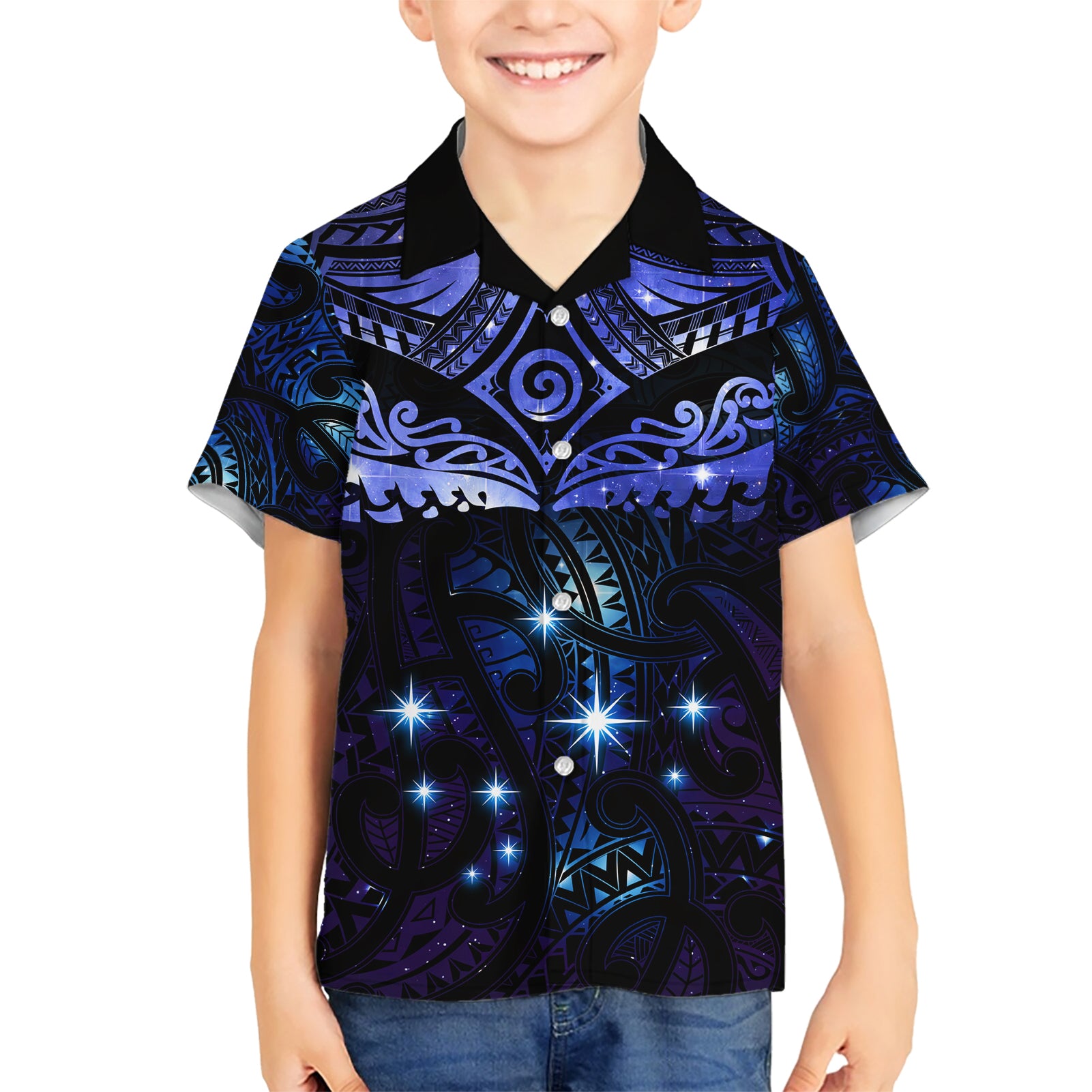 New Zealand Matariki Kid Hawaiian Shirt Maori Pattern and Matariki Sky Night