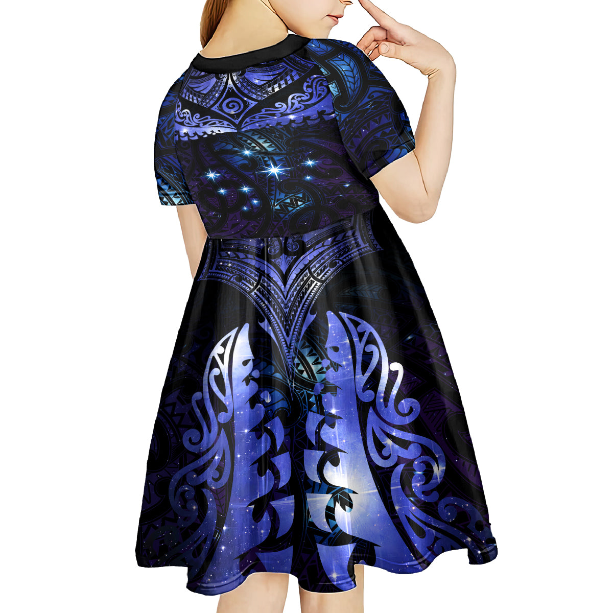 New Zealand Matariki Kid Short Sleeve Dress Maori Pattern and Matariki Sky Night