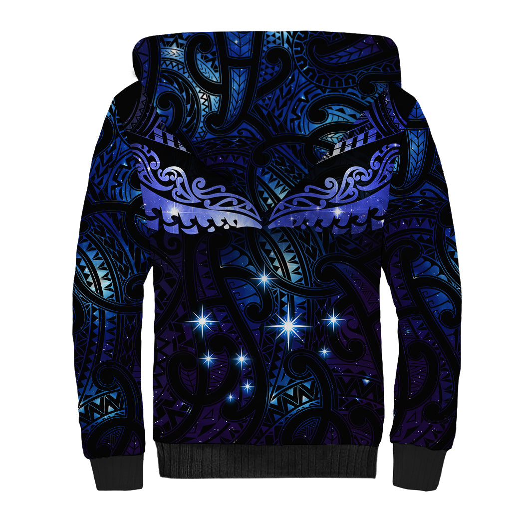 New Zealand Matariki Sherpa Hoodie Maori Pattern and Matariki Sky Night