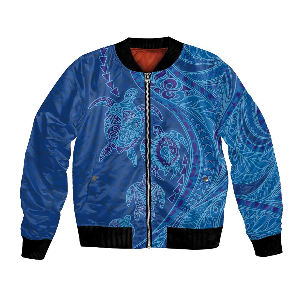 Hawaiian Turtles and Polynesian Art Tattoo Bomber Jacket Ocean Abyss LT03 Unisex Blue - Polynesian Pride