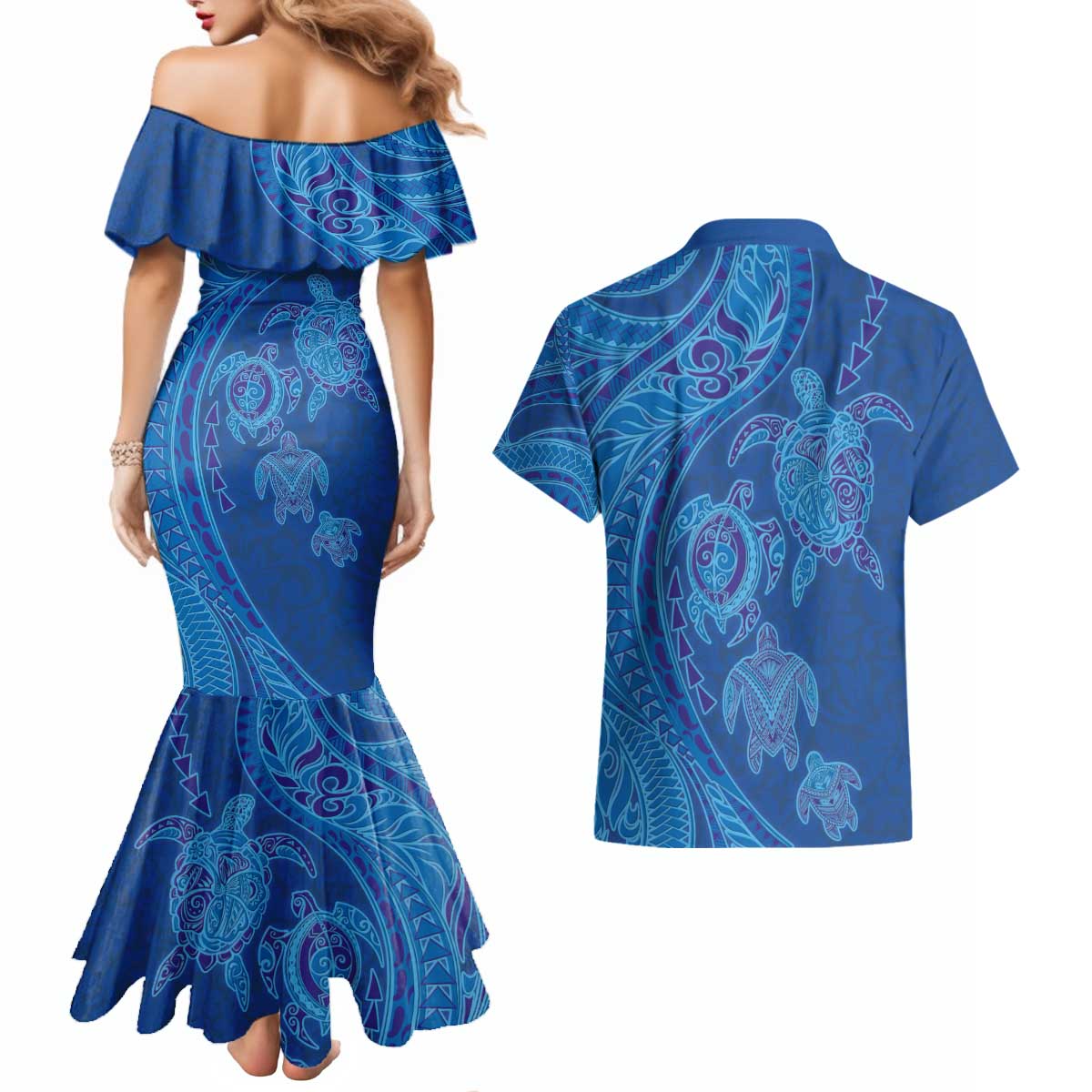 Hawaiian Turtles and Polynesian Art Tattoo Couples Matching Mermaid Dress and Hawaiian Shirt Ocean Abyss