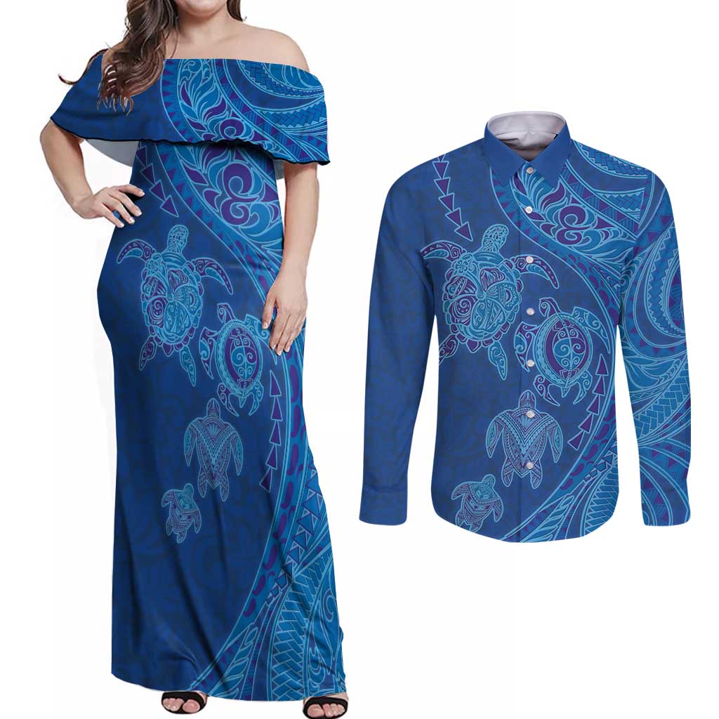 Hawaiian Turtles and Polynesian Art Tattoo Couples Matching Off Shoulder Maxi Dress and Long Sleeve Button Shirt Ocean Abyss