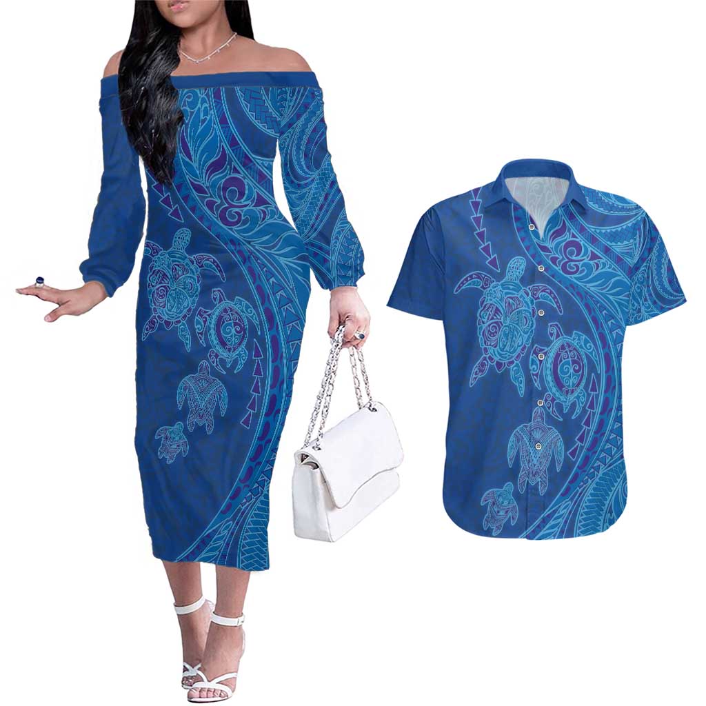 Hawaiian Turtles and Polynesian Art Tattoo Couples Matching Off The Shoulder Long Sleeve Dress and Hawaiian Shirt Ocean Abyss