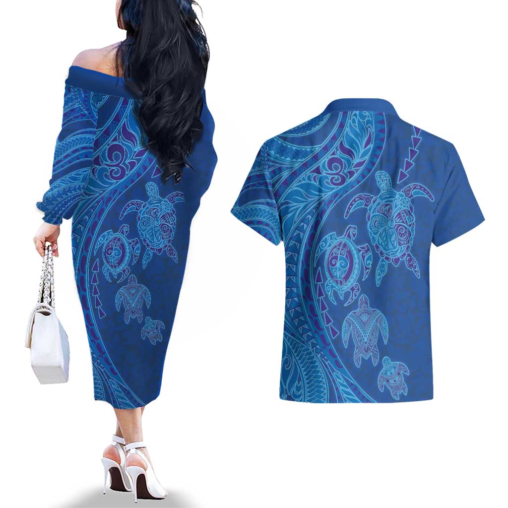 Hawaiian Turtles and Polynesian Art Tattoo Couples Matching Off The Shoulder Long Sleeve Dress and Hawaiian Shirt Ocean Abyss