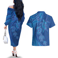 Hawaiian Turtles and Polynesian Art Tattoo Couples Matching Off The Shoulder Long Sleeve Dress and Hawaiian Shirt Ocean Abyss