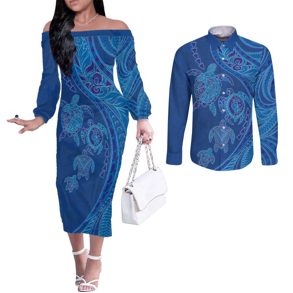 Hawaiian Turtles and Polynesian Art Tattoo Couples Matching Off The Shoulder Long Sleeve Dress and Long Sleeve Button Shirt Ocean Abyss