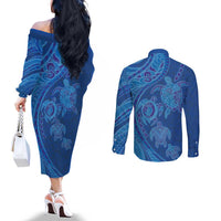 Hawaiian Turtles and Polynesian Art Tattoo Couples Matching Off The Shoulder Long Sleeve Dress and Long Sleeve Button Shirt Ocean Abyss