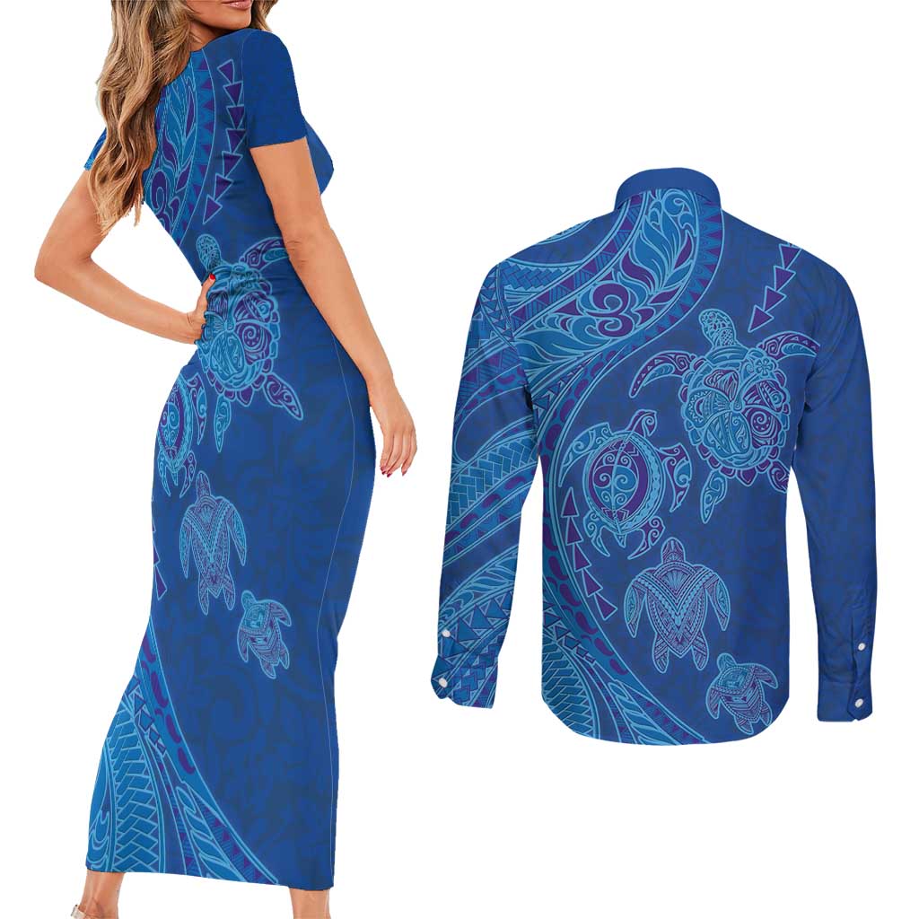 Hawaiian Turtles and Polynesian Art Tattoo Couples Matching Short Sleeve Bodycon Dress and Long Sleeve Button Shirt Ocean Abyss