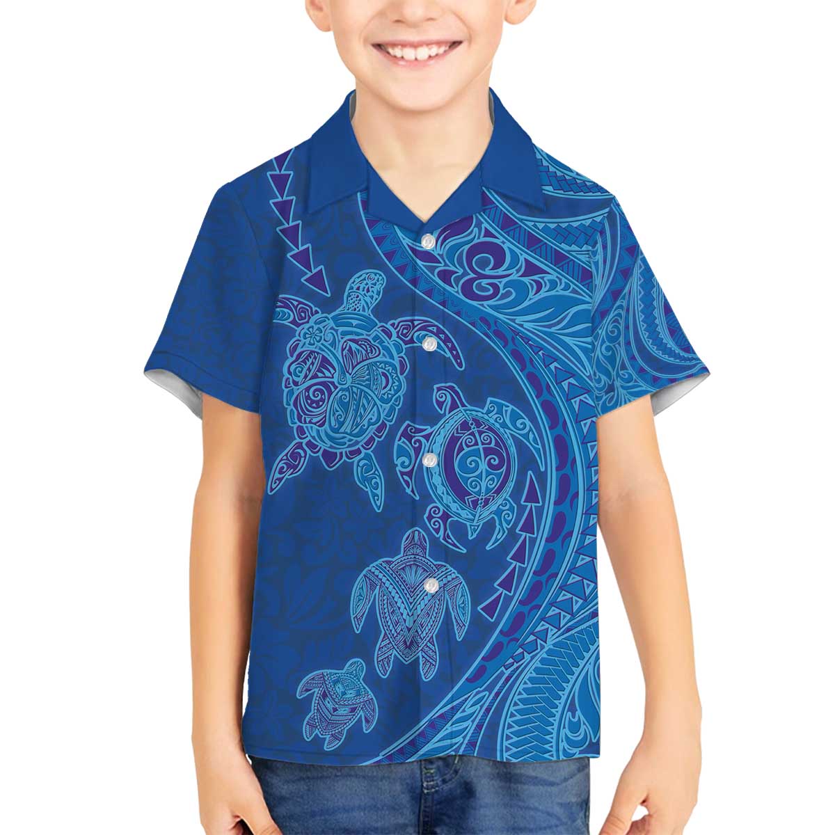 Hawaiian Turtles and Polynesian Art Tattoo Family Matching Off The Shoulder Long Sleeve Dress and Hawaiian Shirt Ocean Abyss