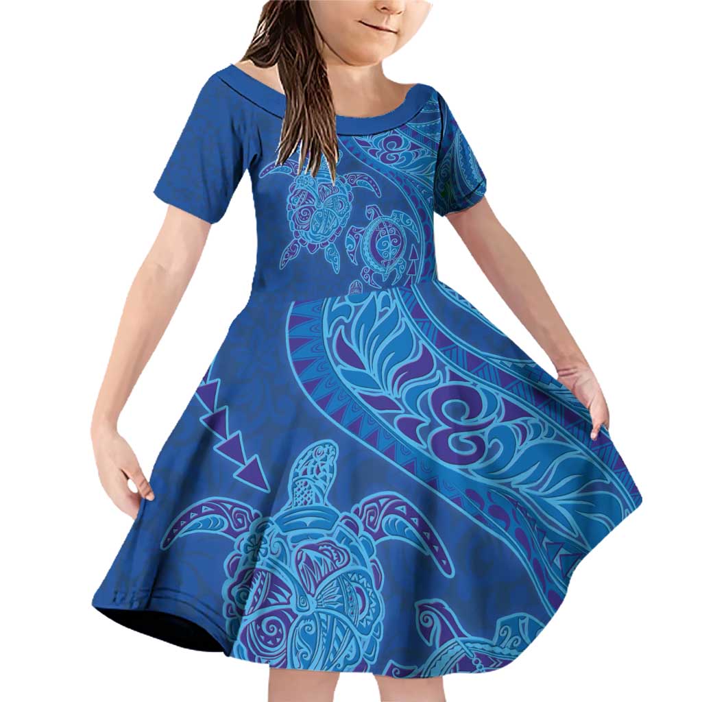 Hawaiian Turtles and Polynesian Art Tattoo Family Matching Off Shoulder Short Dress and Hawaiian Shirt Ocean Abyss
