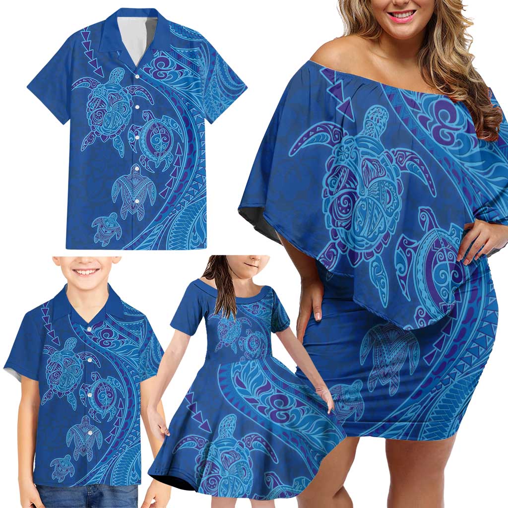 Hawaiian Turtles and Polynesian Art Tattoo Family Matching Off Shoulder Short Dress and Hawaiian Shirt Ocean Abyss