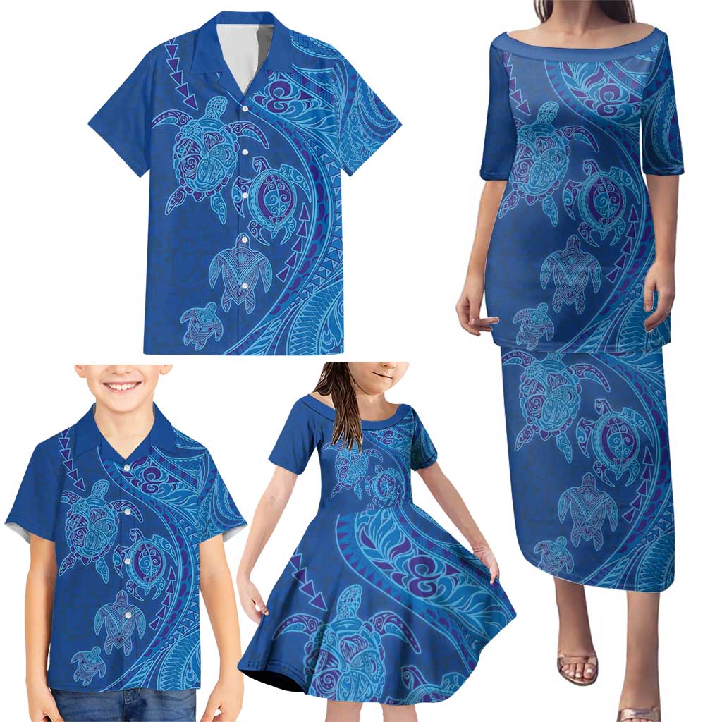 Hawaiian Turtles and Polynesian Art Tattoo Family Matching Puletasi and Hawaiian Shirt Ocean Abyss
