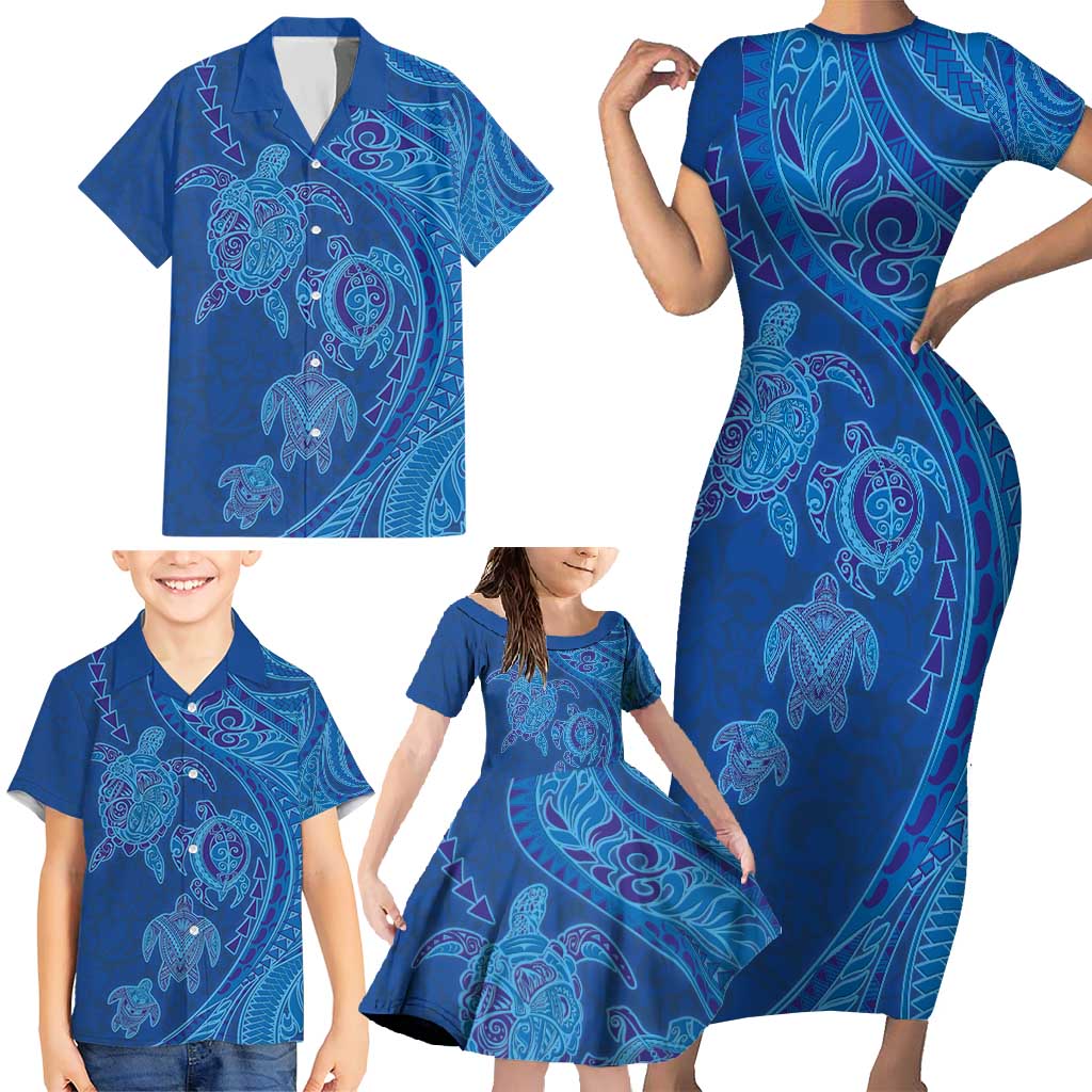 Hawaiian Turtles and Polynesian Art Tattoo Family Matching Short Sleeve Bodycon Dress and Hawaiian Shirt Ocean Abyss LT03 - Polynesian Pride