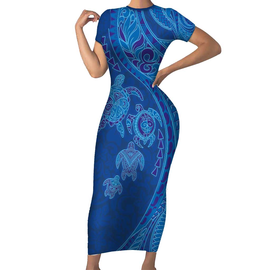 Hawaiian Turtles and Polynesian Art Tattoo Family Matching Short Sleeve Bodycon Dress and Hawaiian Shirt Ocean Abyss