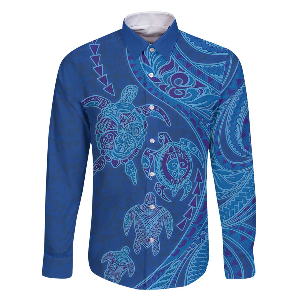 Hawaiian Turtles and Polynesian Art Tattoo Family Matching Summer Maxi Dress and Hawaiian Shirt Ocean Abyss LT03 Dad's Shirt - Long Sleeve Blue - Polynesian Pride