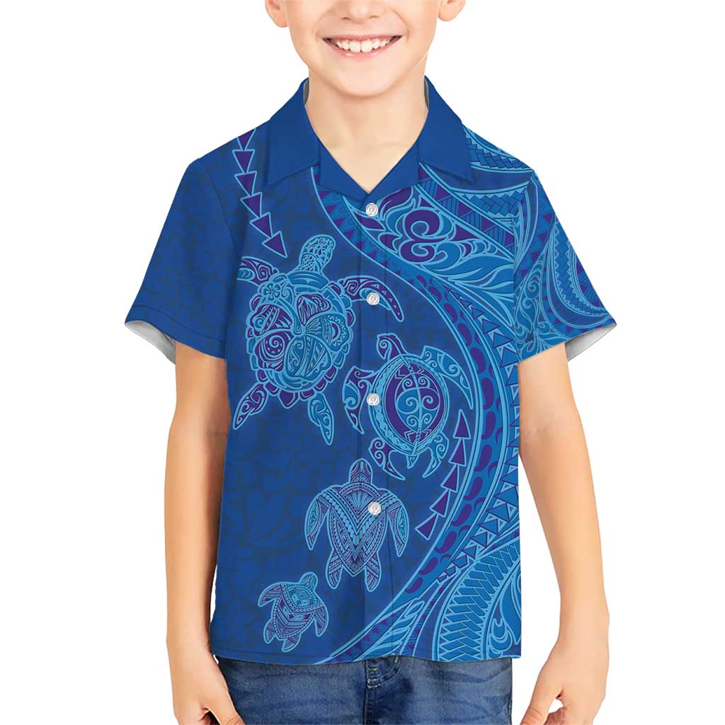 Hawaiian Turtles and Polynesian Art Tattoo Kid Hawaiian Shirt Ocean Abyss LT03 Kid Blue - Polynesian Pride