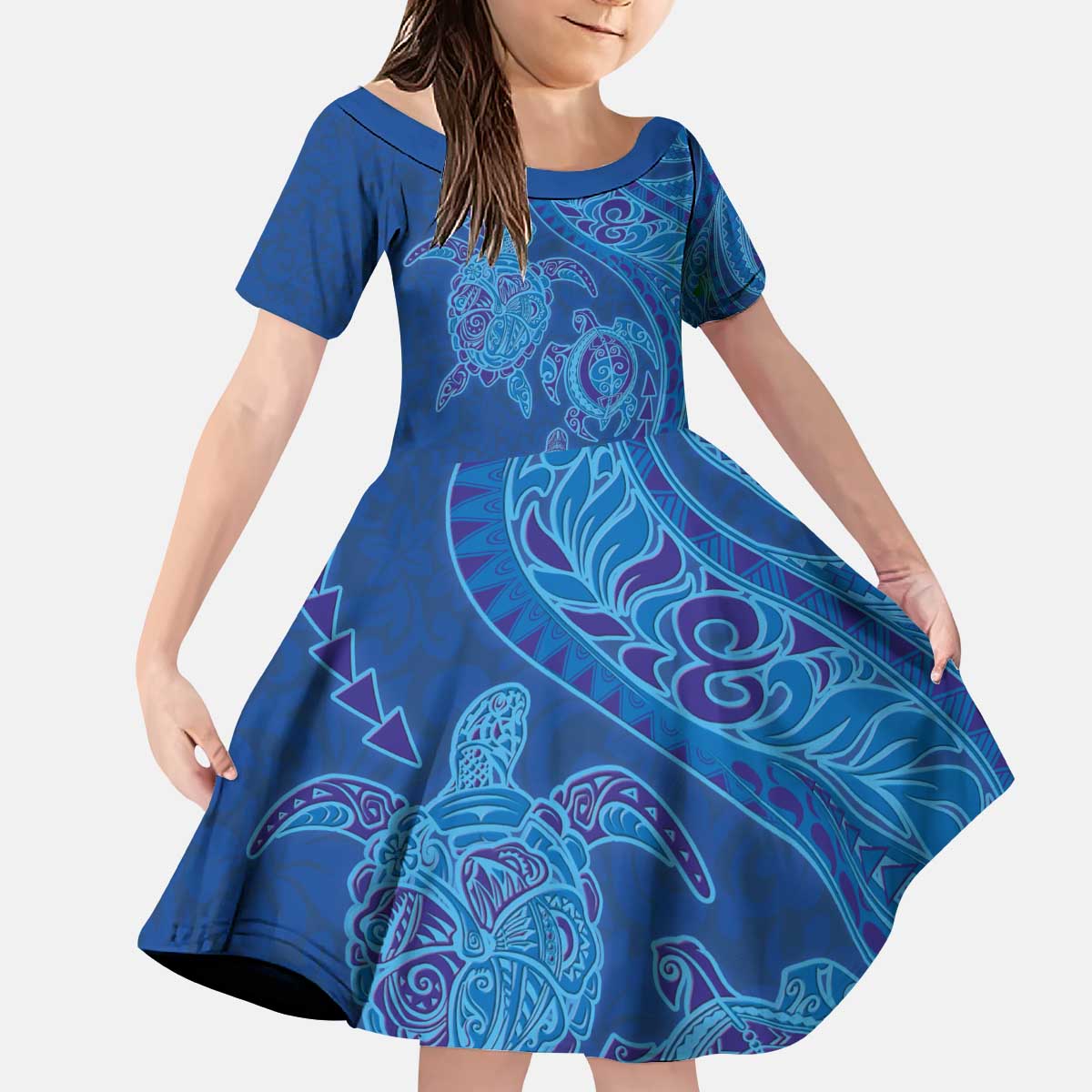 Hawaiian Turtles and Polynesian Art Tattoo Kid Short Sleeve Dress Ocean Abyss