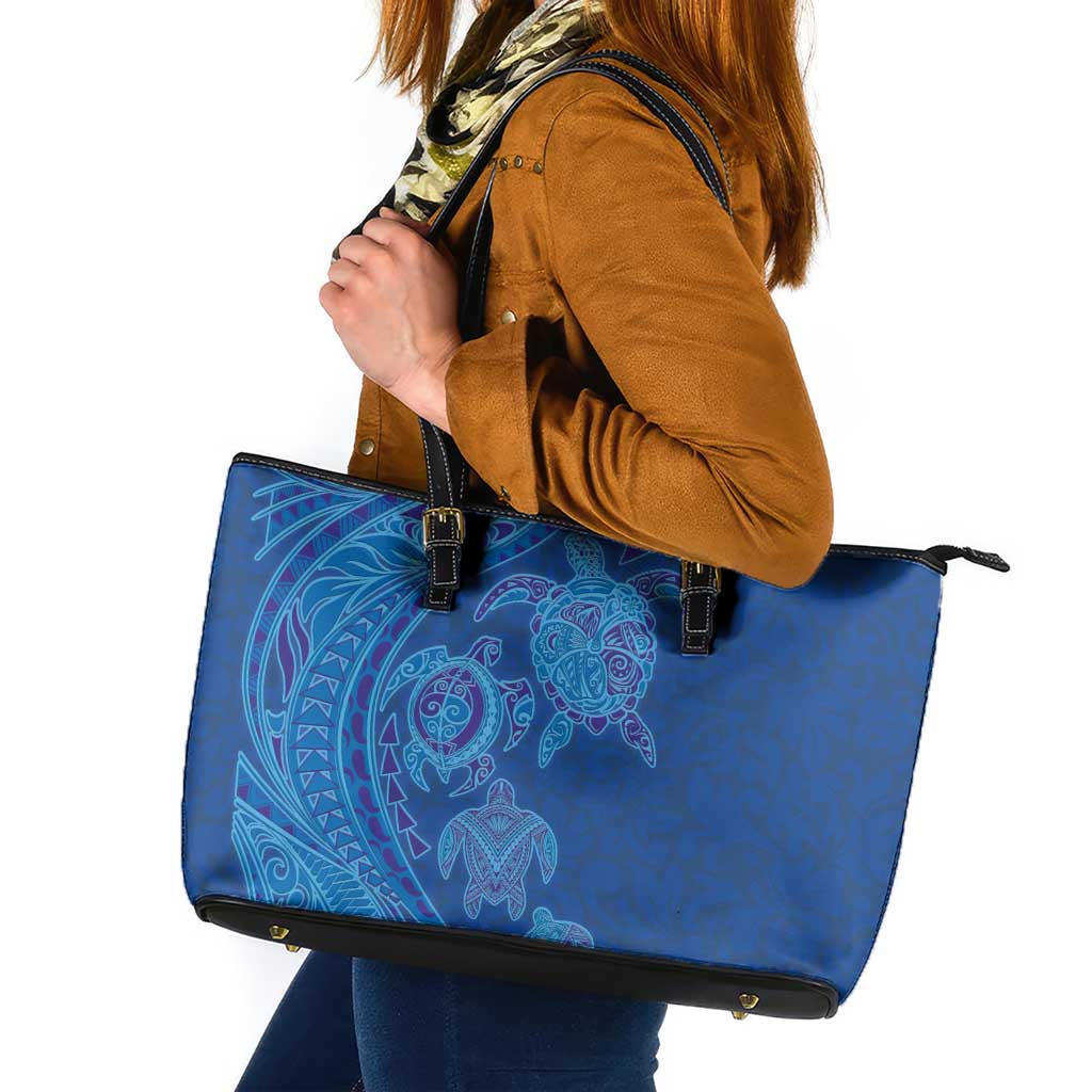 Hawaiian Turtles and Polynesian Art Tattoo Leather Tote Bag Ocean Abyss