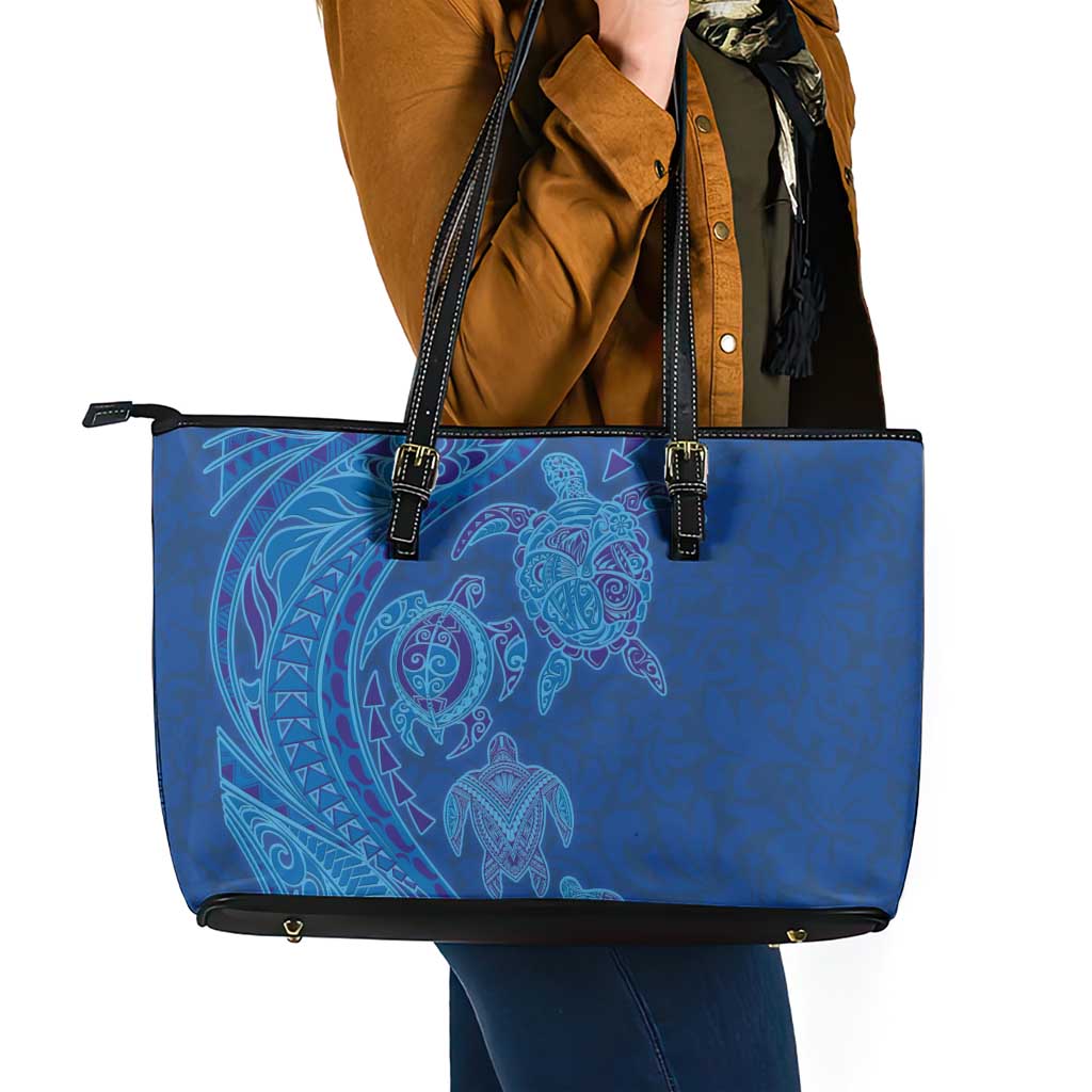 Hawaiian Turtles and Polynesian Art Tattoo Leather Tote Bag Ocean Abyss