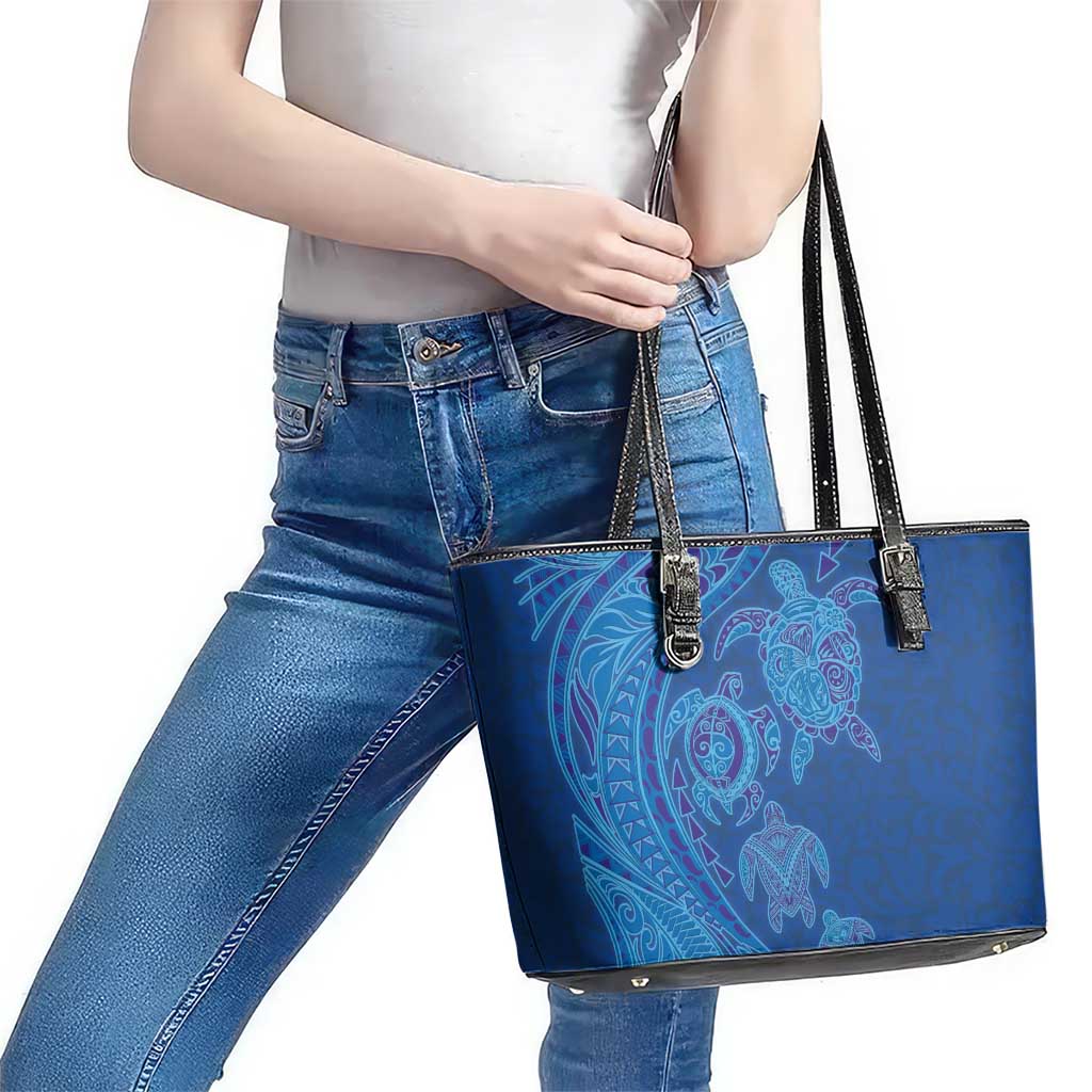 Hawaiian Turtles and Polynesian Art Tattoo Leather Tote Bag Ocean Abyss