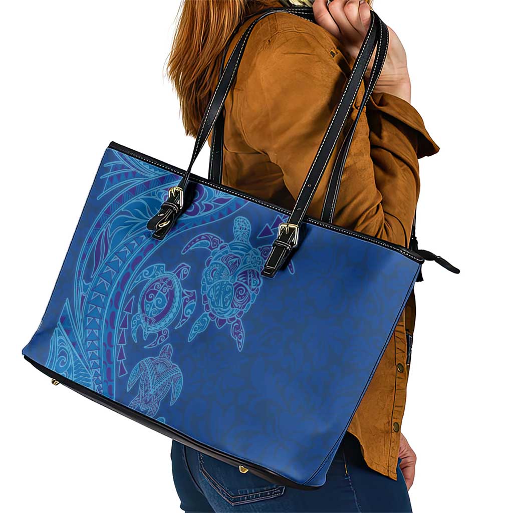 Hawaiian Turtles and Polynesian Art Tattoo Leather Tote Bag Ocean Abyss