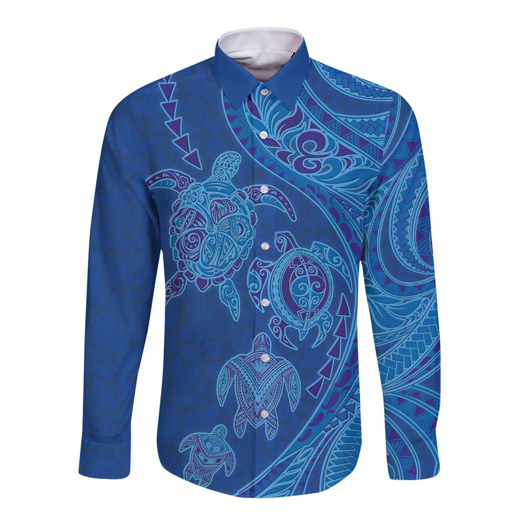 Hawaiian Turtles and Polynesian Art Tattoo Long Sleeve Button Shirt Ocean Abyss LT03 Unisex Blue - Polynesian Pride