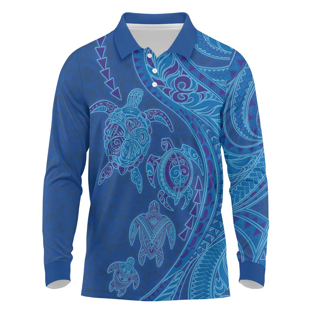 Hawaiian Turtles and Polynesian Art Tattoo Long Sleeve Polo Shirt Ocean Abyss