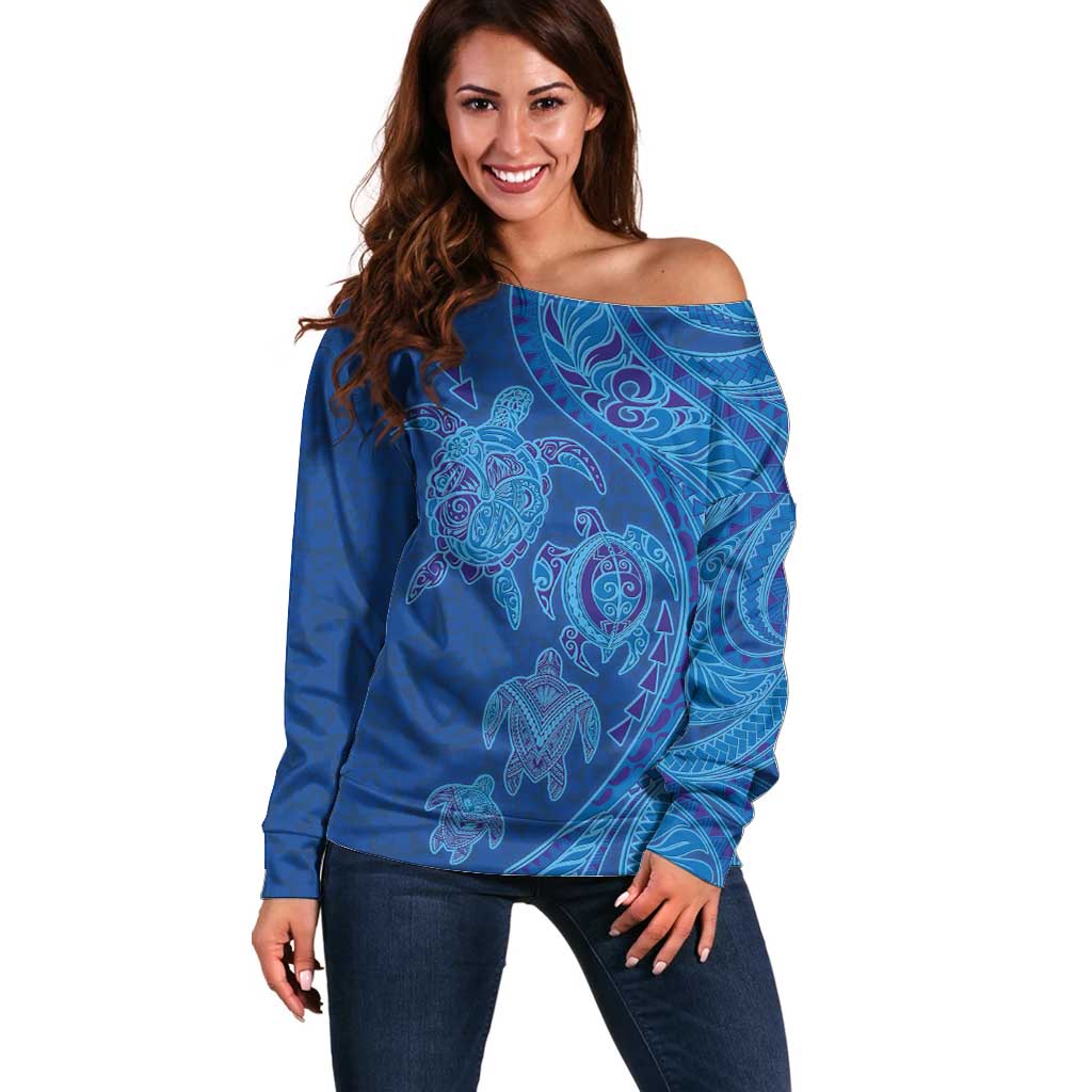 Hawaiian Turtles and Polynesian Art Tattoo Off Shoulder Sweater Ocean Abyss