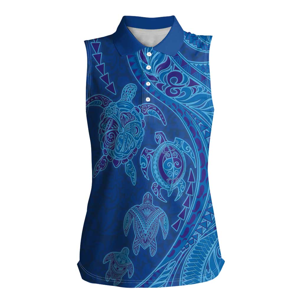 Hawaiian Turtles and Polynesian Art Tattoo Women Sleeveless Polo Shirt Ocean Abyss