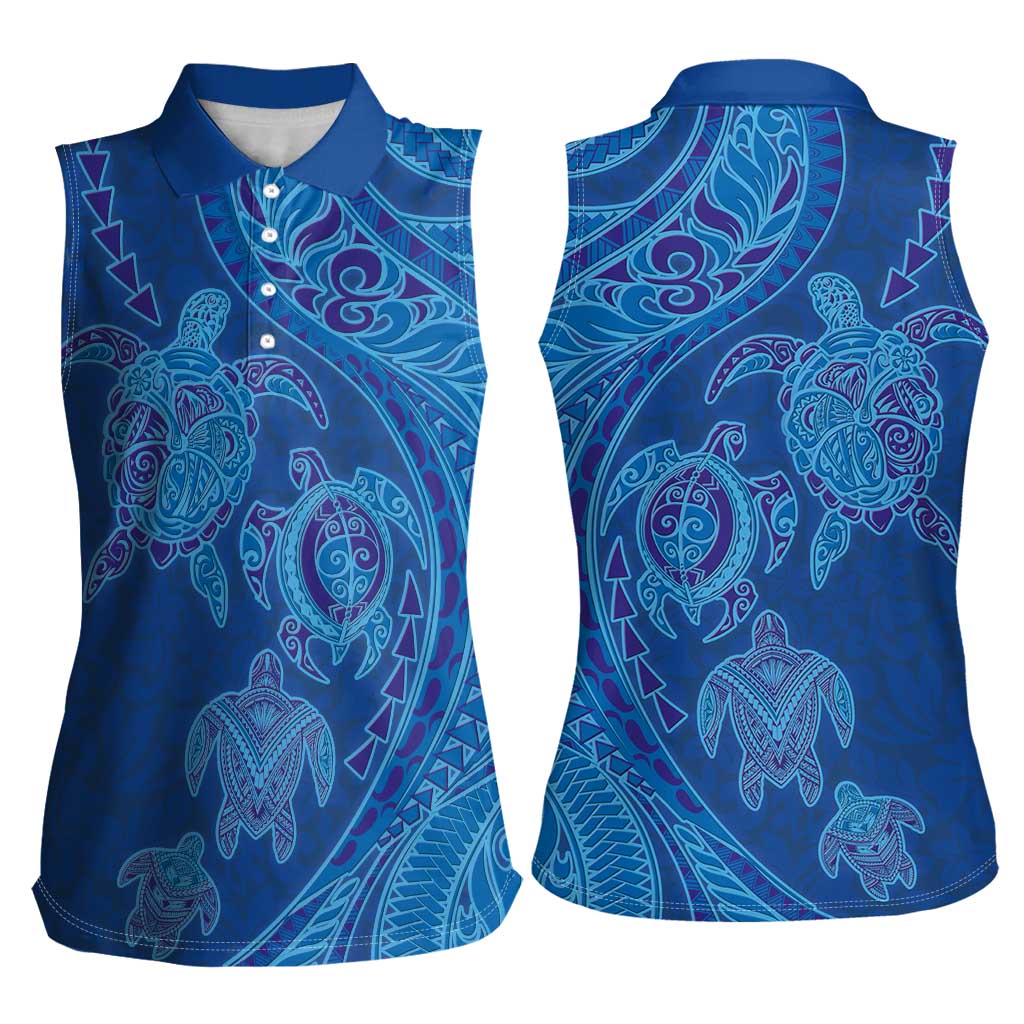 Hawaiian Turtles and Polynesian Art Tattoo Women Sleeveless Polo Shirt Ocean Abyss