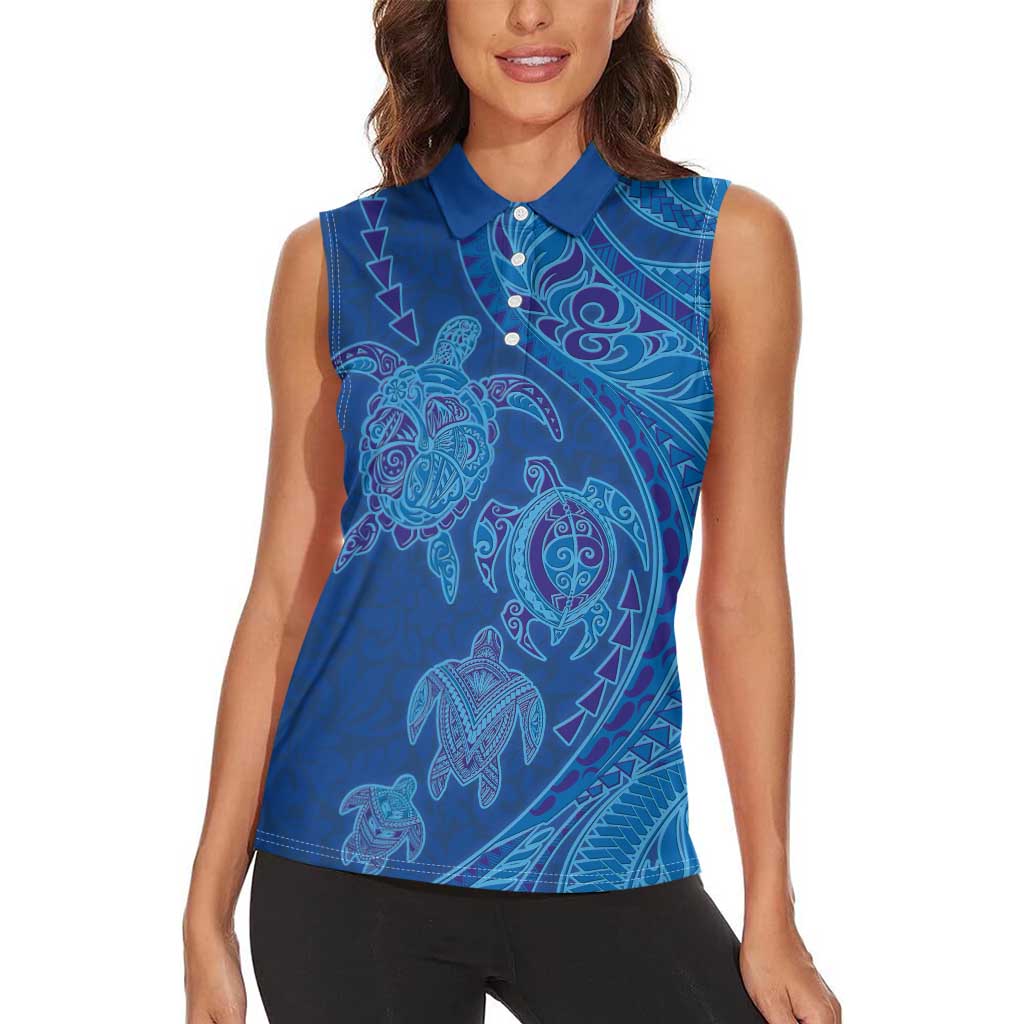Hawaiian Turtles and Polynesian Art Tattoo Women Sleeveless Polo Shirt Ocean Abyss