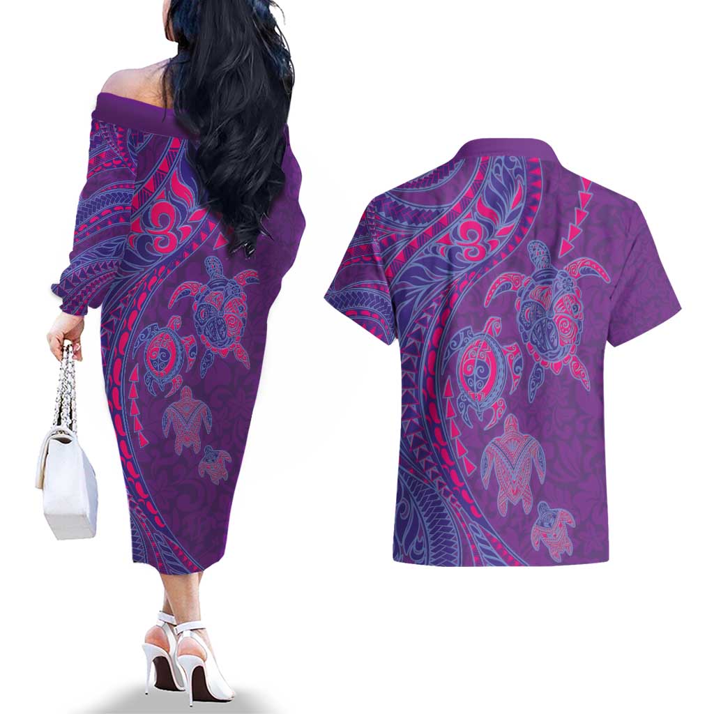 Hawaiian Turtles and Polynesian Art Tattoo Couples Matching Off The Shoulder Long Sleeve Dress and Hawaiian Shirt Dusky Violet