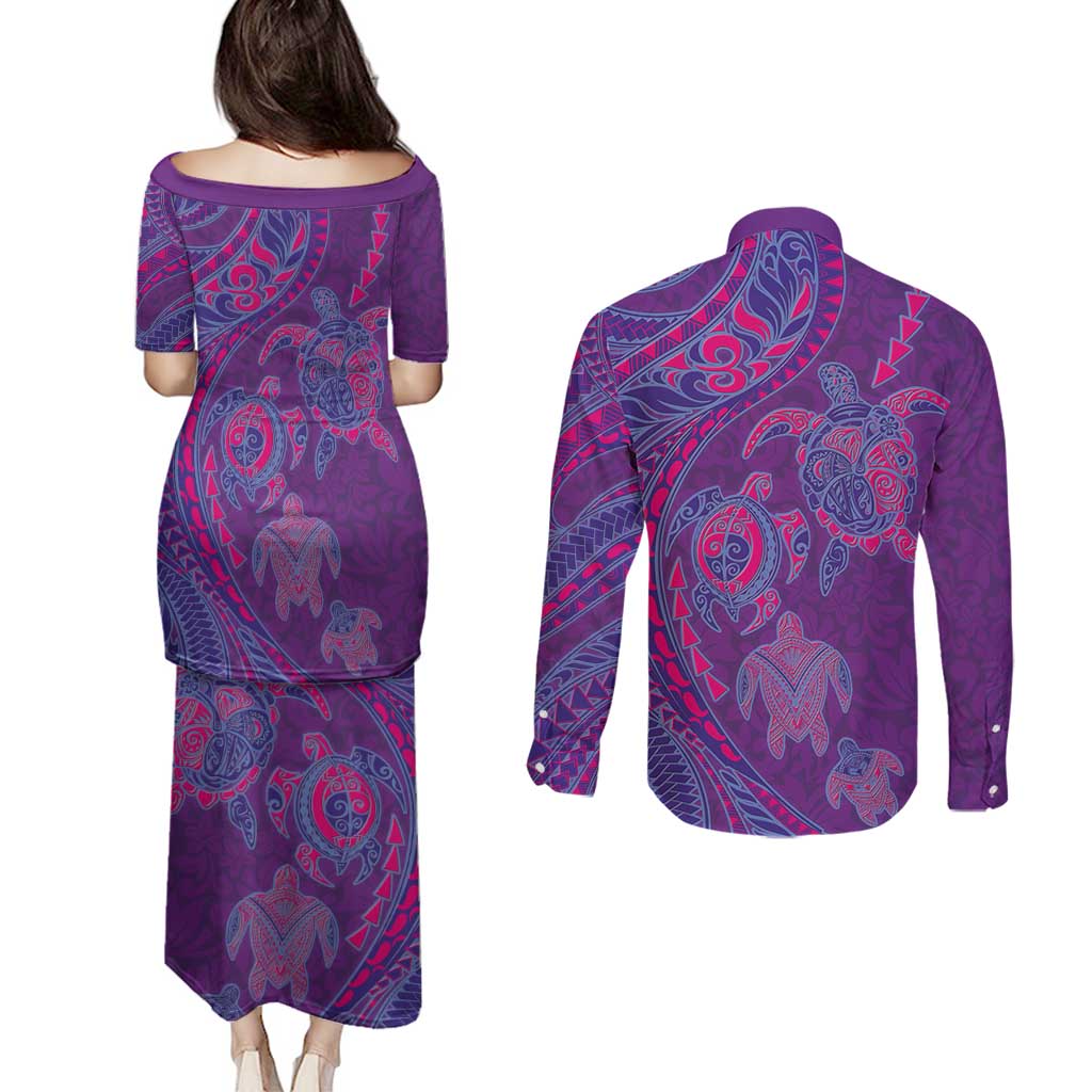 Hawaiian Turtles and Polynesian Art Tattoo Couples Matching Puletasi and Long Sleeve Button Shirt Dusky Violet LT03 - Polynesian Pride