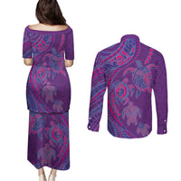 Hawaiian Turtles and Polynesian Art Tattoo Couples Matching Puletasi and Long Sleeve Button Shirt Dusky Violet LT03 - Polynesian Pride