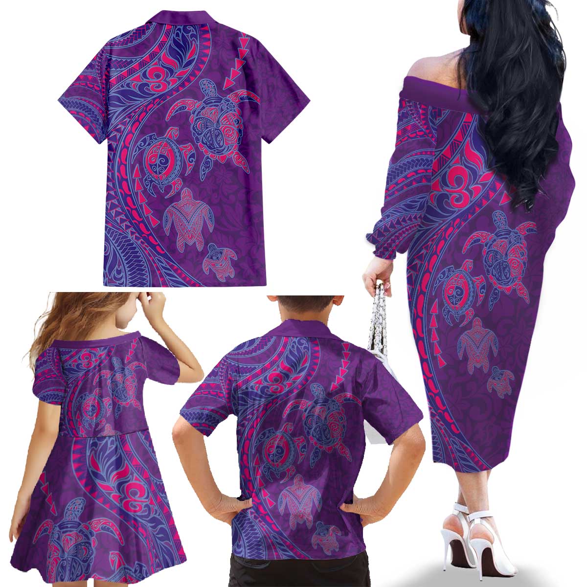 Hawaiian Turtles and Polynesian Art Tattoo Family Matching Off The Shoulder Long Sleeve Dress and Hawaiian Shirt Dusky Violet